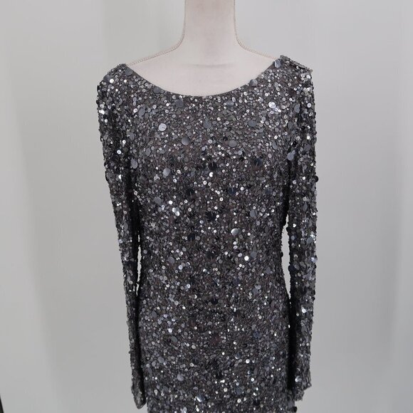 Aidan Mattox Silver Fully Sequined Long Sleeve Cocktail Dress Size 10 - Picture 4 of 13
